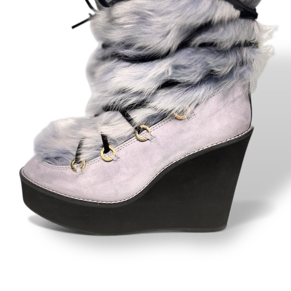Stuart Weitzman Nikita Fur Wedge Boots 8.5 Blue Leather Suede Shearling Lace Up - Picture 5 of 12